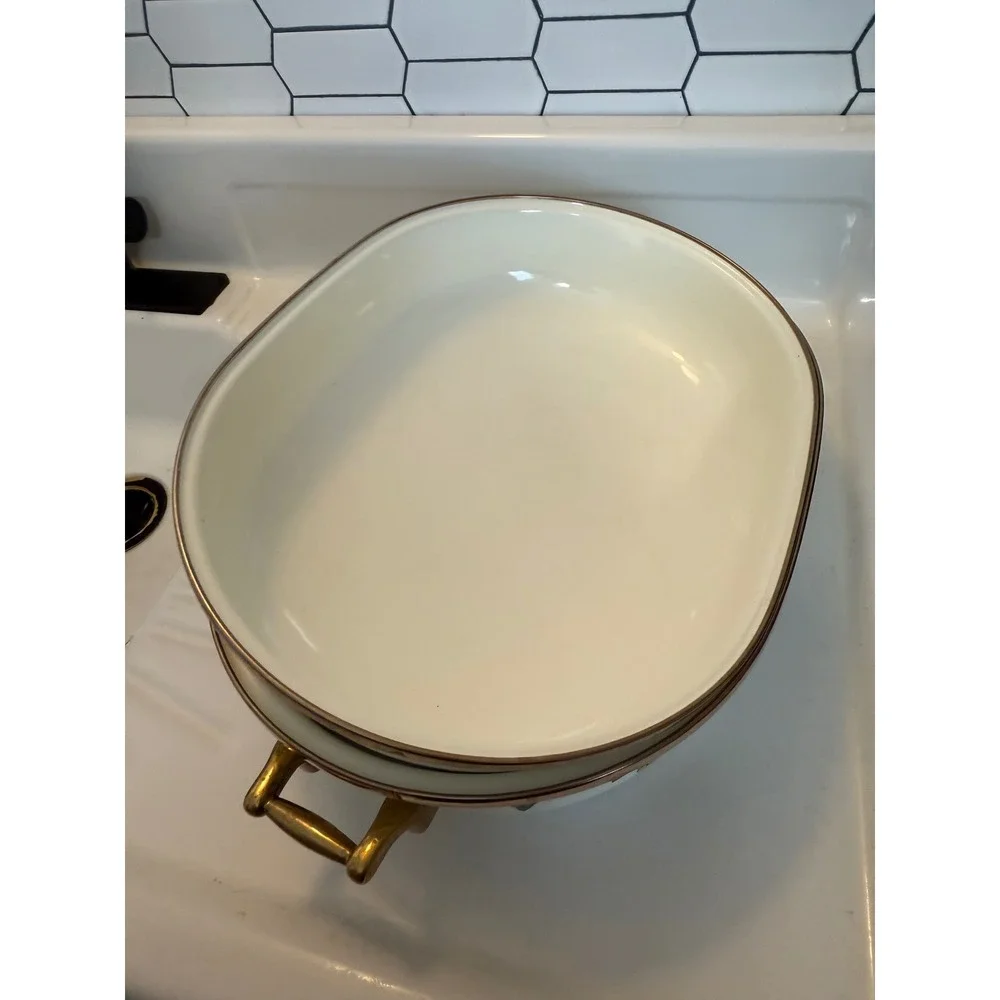 Vintage Fruit Motif Enamelware Roasting Pan with Lid and Rack Brass Handles - Picture 9 of 12